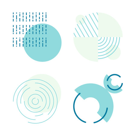 Set of vector illustrations isolated on white background. Modern geometric shapes. Circles, specks and lines. Trending design elements.のイラスト素材