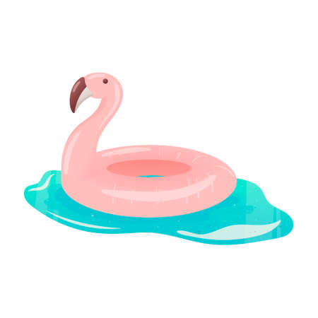 Vector isolated illustration on white background. Cute cartoon pink flamingo lifebuoy in azure water. Design element for decoration on the theme of summer vacation.のイラスト素材