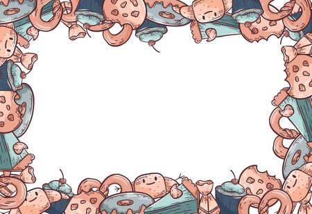 Vector doodle illustration. Funny horizontal frame to decorate the background and postcards. Various snacks, pastries, croissants, donuts and muffins.のイラスト素材