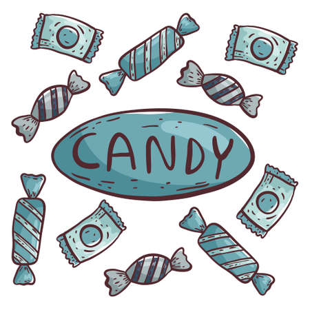 Set of isolated vector doodle elements on a white background with wide strokes. Cute funny wrapped candies and lollipops. Pop-up inscription with hand lettering. Decoration elements.のイラスト素材