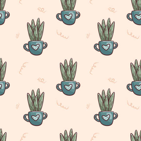 Vector seamless pattern. Doodle icons cute home plant succulent plant with long leaves in a pot. Cozy background or wrapping paper decoration.のイラスト素材