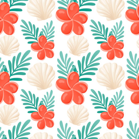 Vector cartoon seamless summer pattern. Bright tropical wallpaper with seashells, green leaves and plumeria flowers. Background for vacation and beach holiday.のイラスト素材