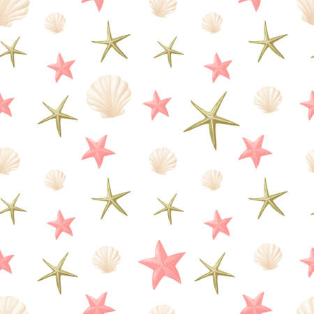 Vector seamless summer pattern. Cartoon starfish and underwater shells. Summer beach holiday.のイラスト素材