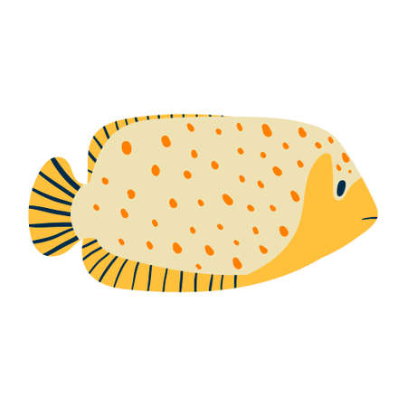 Vector isolated illustration on white background. Cartoon yellow fish with dots or specks. Striped...