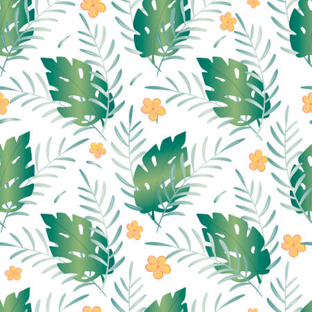 Tropical summer seamless pattern. Cartoon monstera leaves and plumeria flowers. Green trending plant...