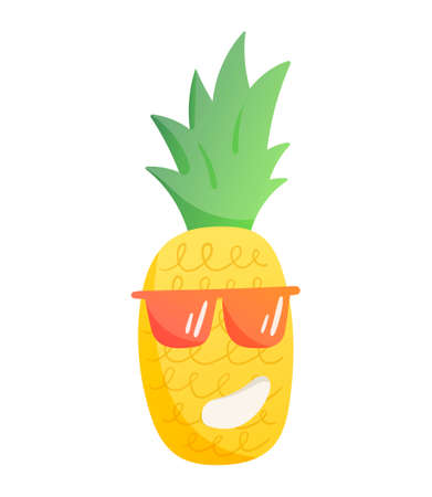 Vector cartoon pineapple in sunglasses smiling. Children cheerful summer character. Cute design element or pattern for tattoo, print or wallpaper.のイラスト素材