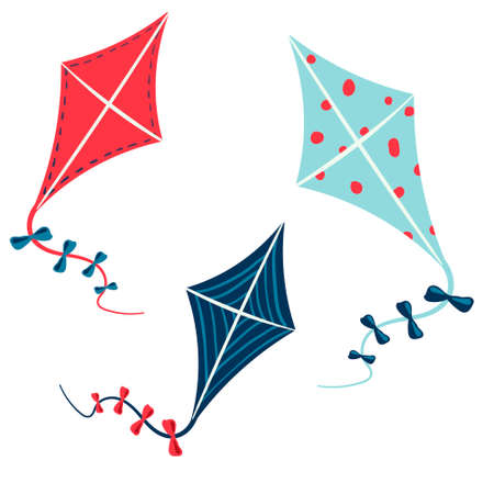 Set of cute vector flying kites. Bright icons collection of children summer games and outdoor activities. Holiday kids entertainment.のイラスト素材