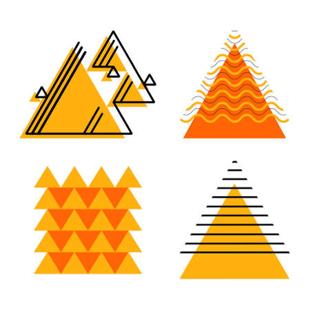Set of vector abstract contrasting geometric shapes. Decorated triangles with parallel lines and zigzags. Modern decorative elements.のイラスト素材
