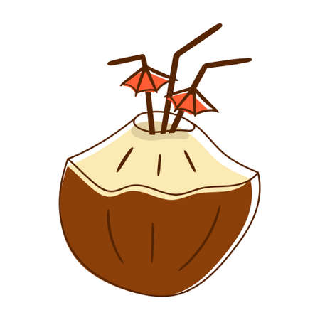 Vector cartoon doodle picture of coconut. Cocktail sticker or coconut water in half of the shell. Cocktail straws with umbrella.のイラスト素材