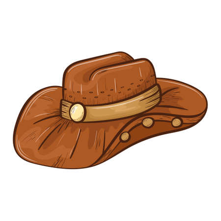 Simple isolated doodle sticker. Brown leather cowboy wide brim hat with plaque and badges. Wild west concept sticker.のイラスト素材