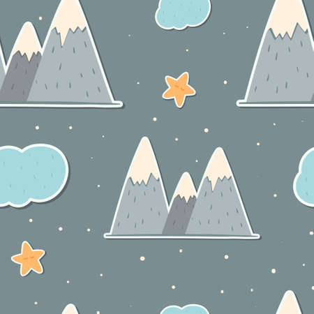 Cute vector seamless pattern in scandinavian style. Kids stickers of mountains with snow-capped peaks, clouds and stars. Childish trending background.のイラスト素材