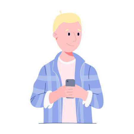 Vector illustration of a young man with a mobile phone in his hands. A modern person uses a gadget for communicationのイラスト素材