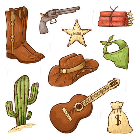 Set of doodle vector isolated icons in country style. Line art cowboy design elements. Outline wild west print or decoration stickers.のイラスト素材