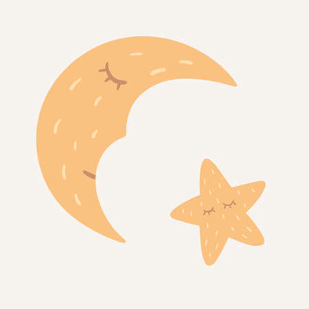 Vector baby illustration in the Scandinavian style. Cute doodle moon or crescent and star asleep.のイラスト素材
