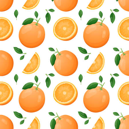 Vector seamless fruit pattern. Halves and slices of bright oranges. Sweet healthy natural food dessert.のイラスト素材