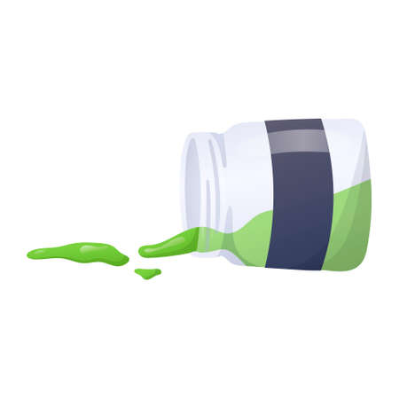 An open glass jar with spilled green paint lies on side. Stationery item, drawing accessory.のイラスト素材
