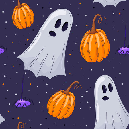 Vector seamless autumn halloween pattern. Cartoon ghost, pumpkin and spider on the web.のイラスト素材