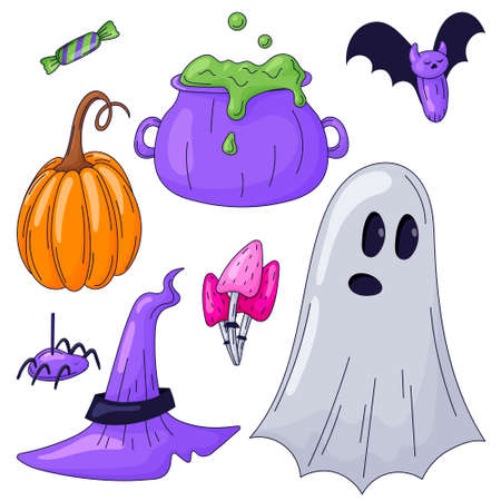 Set of vector isolated Halloween outline stickers. A bright cartoon image of a ghost, witch accessories, a pumpkin and a spider.のイラスト素材