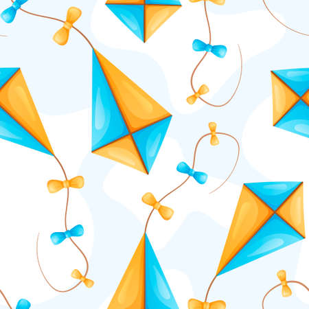 Vector seamless summer pattern with multi-colored flying kites. Fun kids games or outdoor activities.のイラスト素材