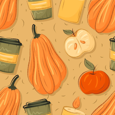 Vector autumn seamless warm cozy pattern. September pumpkin and fresh apple, coffee and candle.のイラスト素材