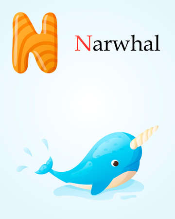 Kids banner with english alphabet letter N and cartoon image of cute isolated narwhal with a big horn splashing in the water.のイラスト素材