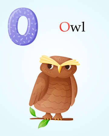 Kids banner with english alphabet letter O and cartoon image of isolated wise forest owl sitting on a branch with leavesのイラスト素材