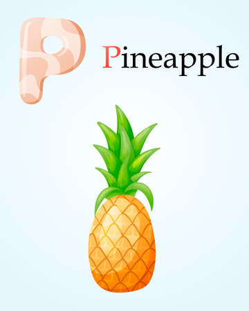 Kids banner with english alphabet letter P and isolated cartoon image of tropical pineapple fruit with foliage.のイラスト素材