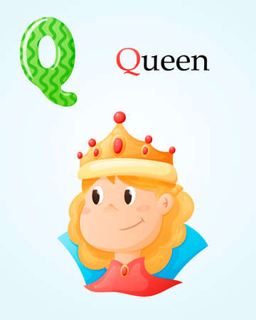 Kids banner with english alphabet letter Q and cartoon image of isolated cute girl queen with gold crown and precious stones.のイラスト素材