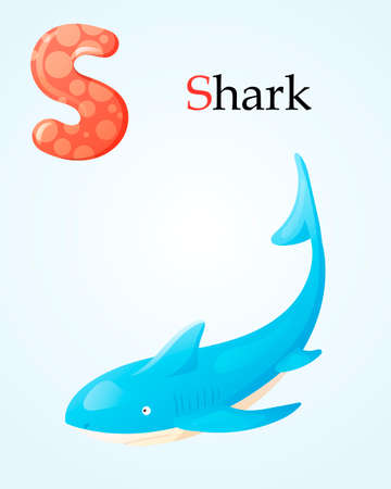 Kids banner with english alphabet letter S and cartoon image of sea or ocean predator sharkのイラスト素材