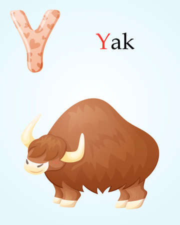 Kids template with english alphabet letter M and cartoon cut out image of large animal yak with horns and long hair.のイラスト素材