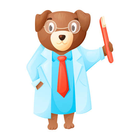 Vector isolated illustration of a cute character cartoon dog in a dentist suit and glasses with a toothbrush. Teeth cleaning concept for children.のイラスト素材