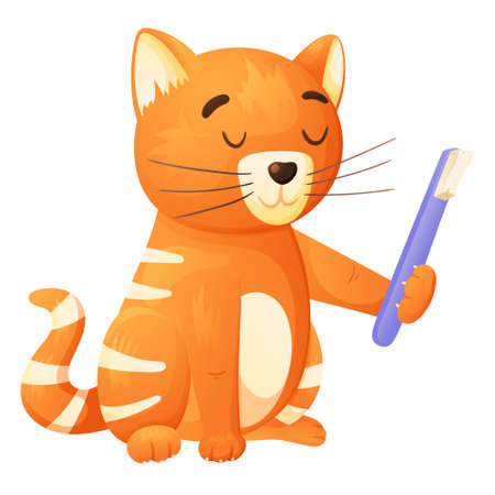 Vector isolated illustration of cartoon cute character, red cat with toothbrush.のイラスト素材