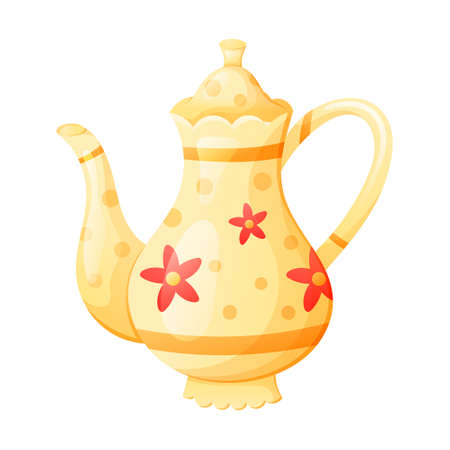 Vector isolated illustration of cartoon vintage porcelain teapot decorated with flowers.のイラスト素材