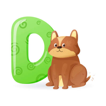 Vector isolated cartoon illustration of English alphabet letter D with picture of sitting dog.のイラスト素材