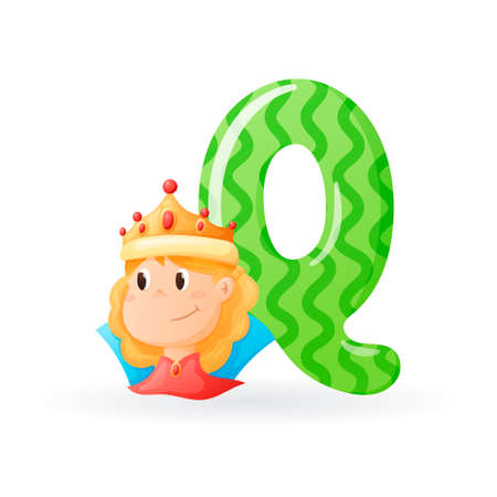 Kids banner with english alphabet letter Q and cartoon image of cute girl queen with gold crown and precious stones.のイラスト素材