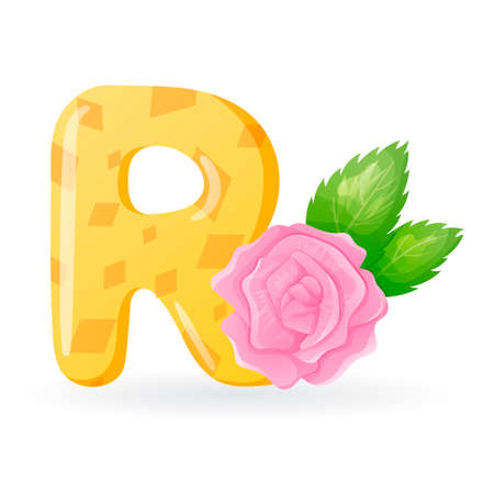 Kids banner with english alphabet letter R and cartoon image of delicate rose bud with leaves.のイラスト素材