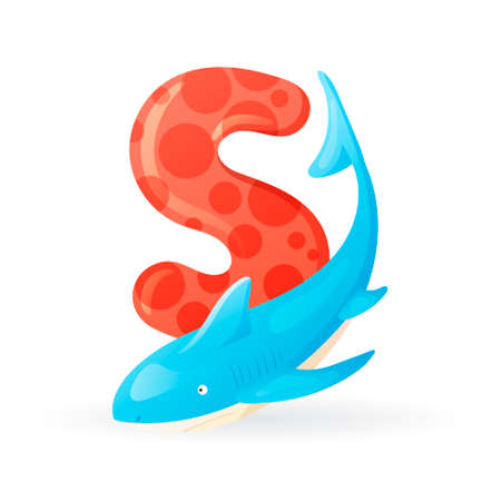Kids banner with english alphabet letter S and cartoon image of sea predator sharkのイラスト素材