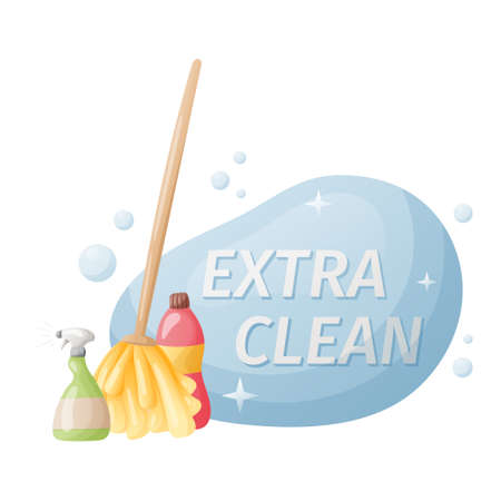 Vector cartoon banner with the inscription extra clean and illustrations of a mop and detergents.のイラスト素材