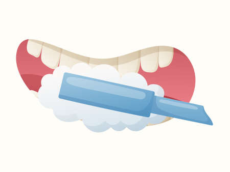 Cartoon illustration of oral cavity, brushing teeth, toothbrush, toothpaste and foam.のイラスト素材