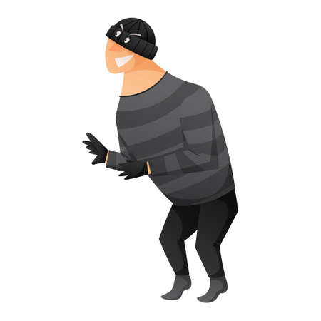 A cartoon thief or scammer in black clothes, balaclava or hat and gloves sneaks on tiptoe and smiles.のイラスト素材