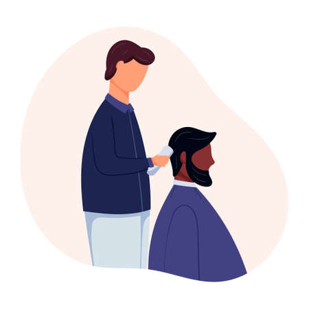 Isolated vector flat illustration of people in a beauty or hairdressing salon. A hairdresser makes client hair, uses a shaving machine.のイラスト素材
