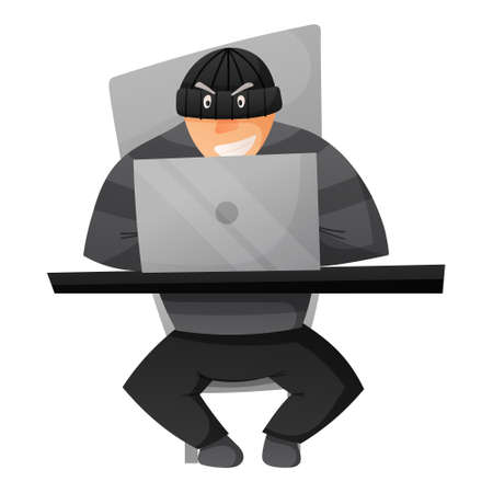 Vector isolated illustration of a thief or scammer in balaclava working at a laptop. Concept of online social media or internet fraud, cybercrime.のイラスト素材