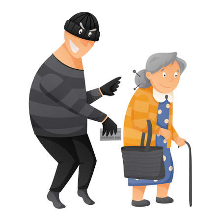 Vector cartoon thief in a mask steals a credit card from an old lady. The concept of financial fraud and deception, pickpocketing.のイラスト素材
