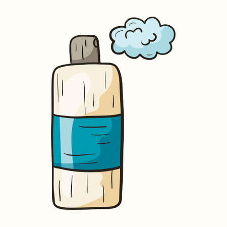 Vector cartoon doodle illustration of a bottle with detergent, shampoo or shower gel and foam.のイラスト素材