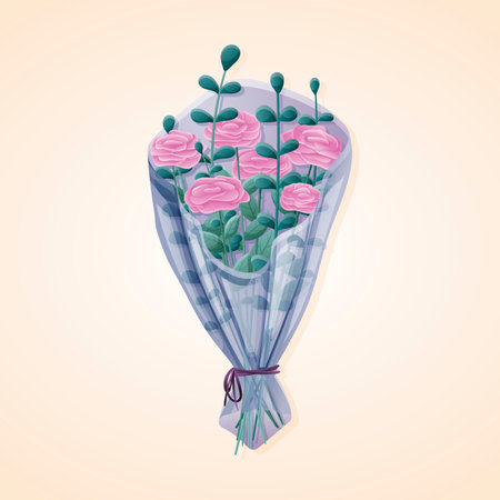 cartoon bouquet of pink roses and eucalyptus leaves in a wrapper.の写真素材