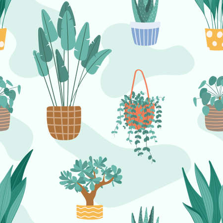 Vector seamless pattern tropical house plants in pots.のイラスト素材