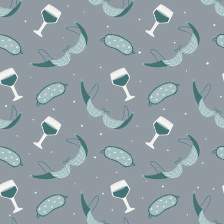 Vector cartoon seamless doodle girlish pattern, lace bra and wine glasses.のイラスト素材