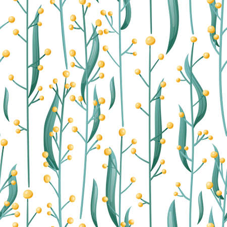 Vector cartoon seamless pattern, field grass stems with leaves and yellow flowers.の写真素材