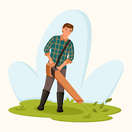 Vector cartoon male gardener worker with electric blower.
