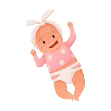Vector illustration of a lying newborn baby in a diaper isolated on white. Cute little baby girl smiling.のイラスト素材